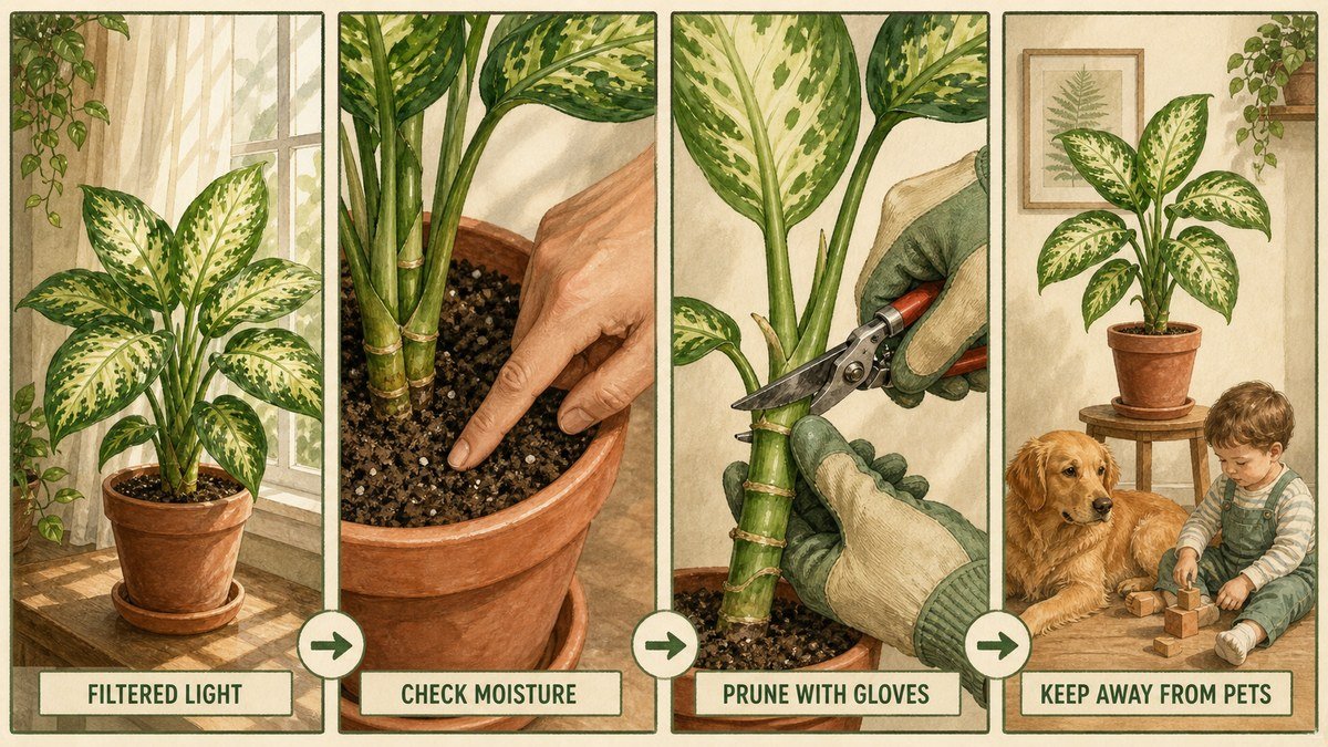 Illustrated dieffenbachia care routine showing filtered light, checking moisture, pruning with gloves, and keeping the plant away from pets