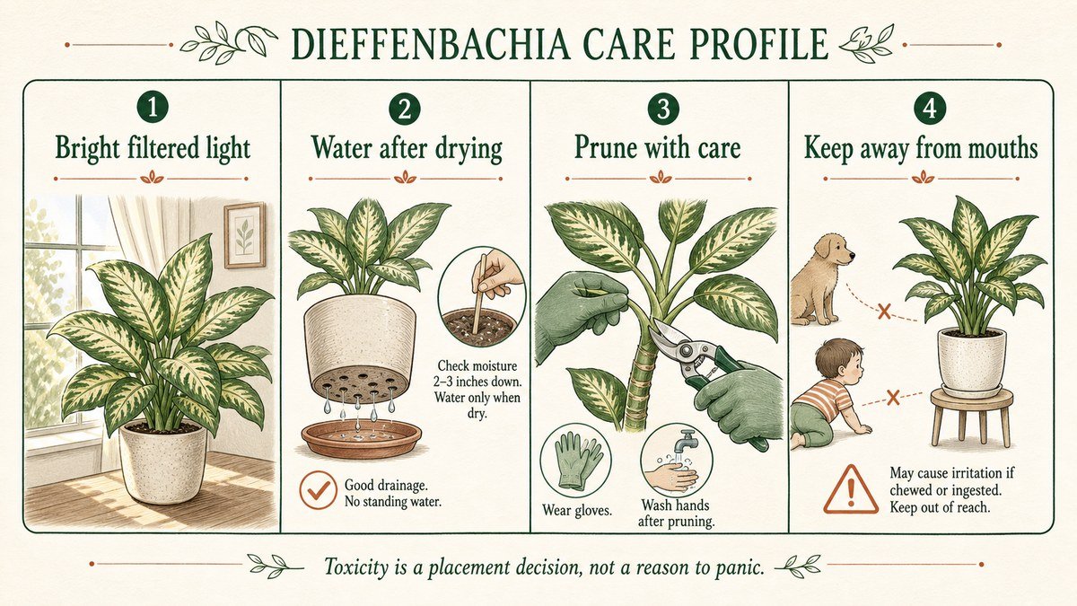 Four dieffenbachia care checks: provide bright filtered light, water after the mix dries, prune with gloves and clean tools, and keep the plant away from mouths and pets