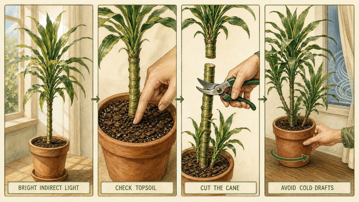 Illustrated Dracaena care routine showing bright indirect light, checking topsoil, cutting a cane, and avoiding cold drafts
