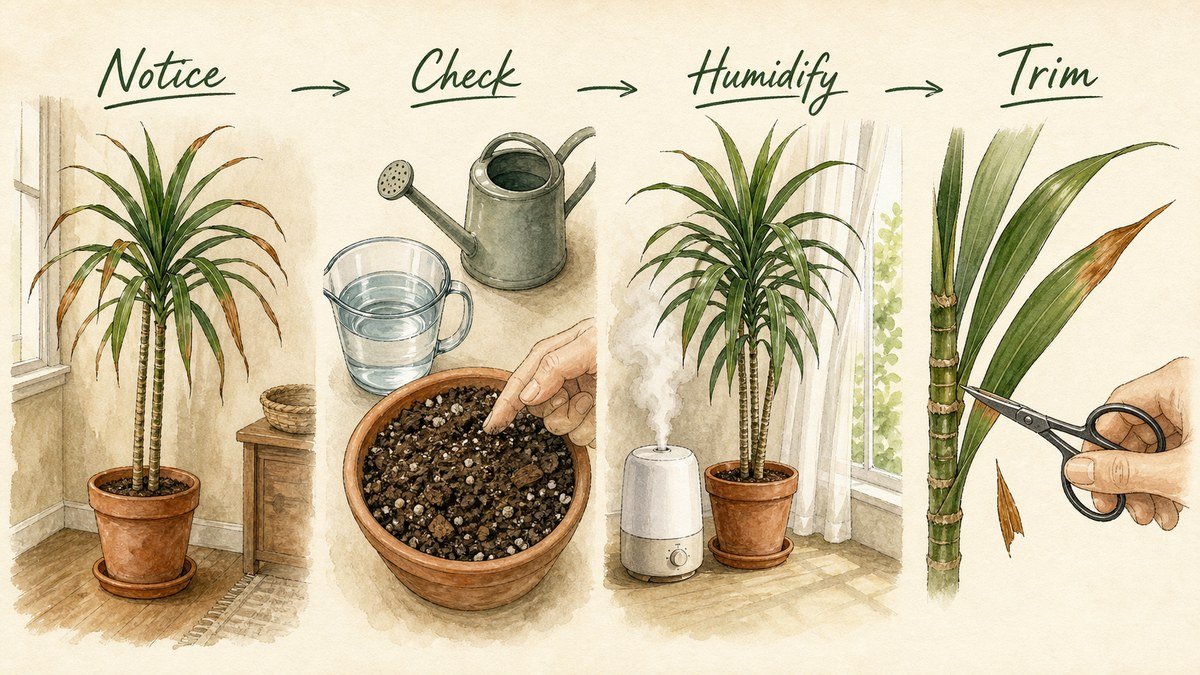 Four illustrated Dracaena brown-tip steps: notice the dry tips, check water and potting mix, improve humidity and filtered light, and trim only dead tissue