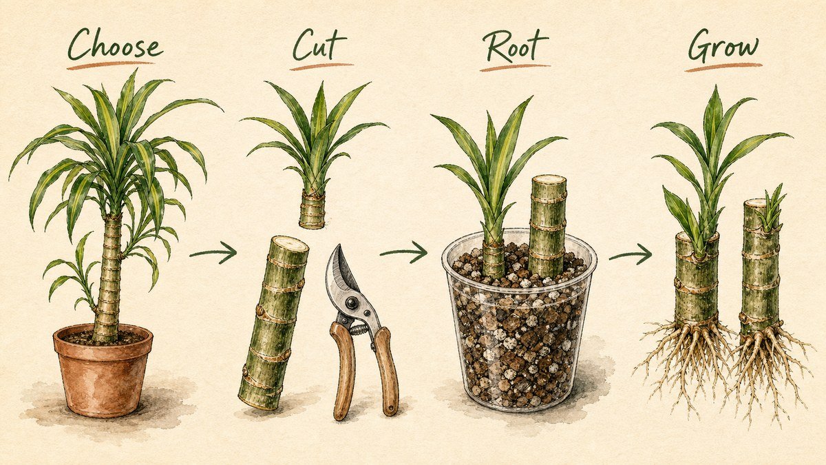 Four illustrated Dracaena propagation steps: choose a healthy cane, cut a stem section, root cuttings in lightly moist mix, and wait for new shoots