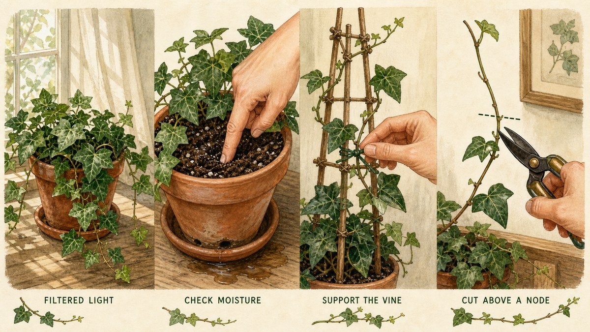 Illustrated English ivy care routine showing filtered light, checking moisture, supporting the vine, and cutting above a node