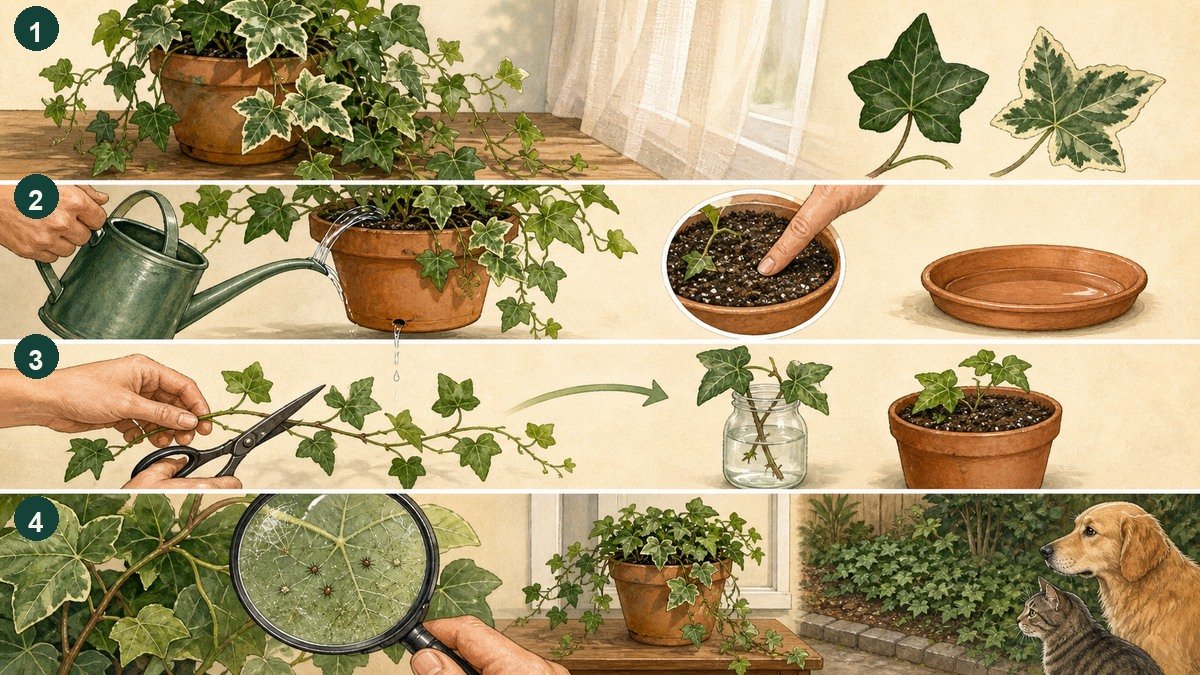 Four-step visual guide to English ivy indoors: use indirect light, water after the top mix starts to dry, prune and propagate cuttings, and inspect for spider mites while keeping the toxic plant indoors