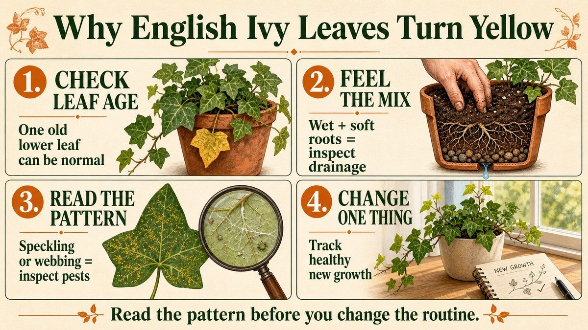 Four-panel English ivy yellow-leaf workflow: check leaf age, feel the potting mix, read pest patterns, and track healthy new growth