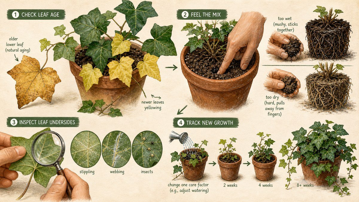 Visual guide to English ivy leaves turning yellow: compare leaf age, feel the potting mix, inspect leaf undersides for pests, and track new growth after one change