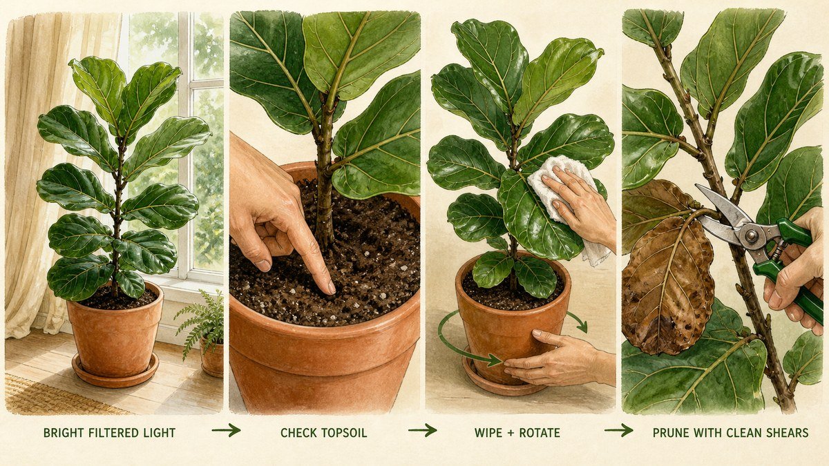 Fiddle-leaf fig care actions: place the plant in bright filtered light, check the topsoil before watering, wipe leaves and rotate the pot, then prune with clean shears