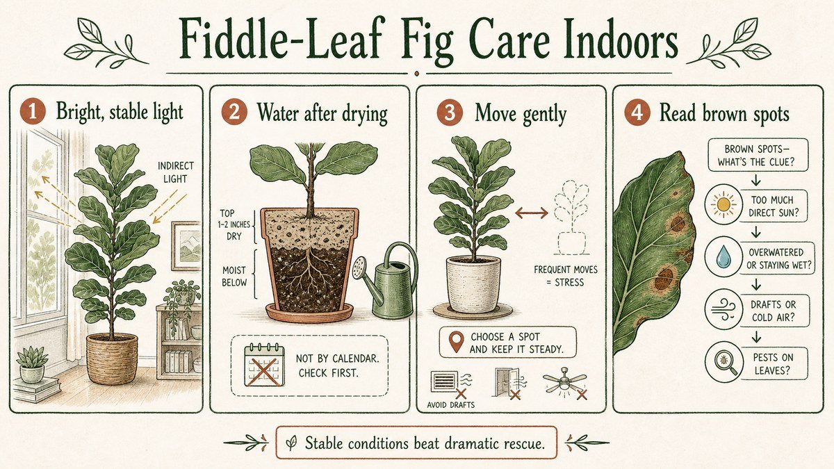 Four fiddle-leaf fig care checks: provide bright stable light, water after the mix dries, move the plant gently, and diagnose brown spots by checking conditions