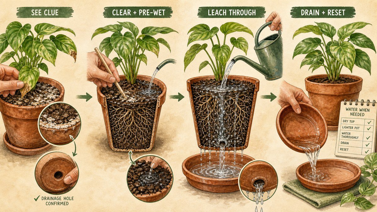Visual guide to flushing houseplant soil: inspect salt clues and drainage, clear loose crust and pre-wet dry mix, pour water through the root ball, then drain and reset the saucer