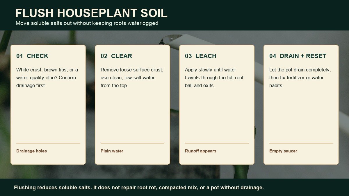 Four labeled steps for flushing houseplant soil: check drainage, clear salt crust, leach with plain water, and drain before resetting the routine