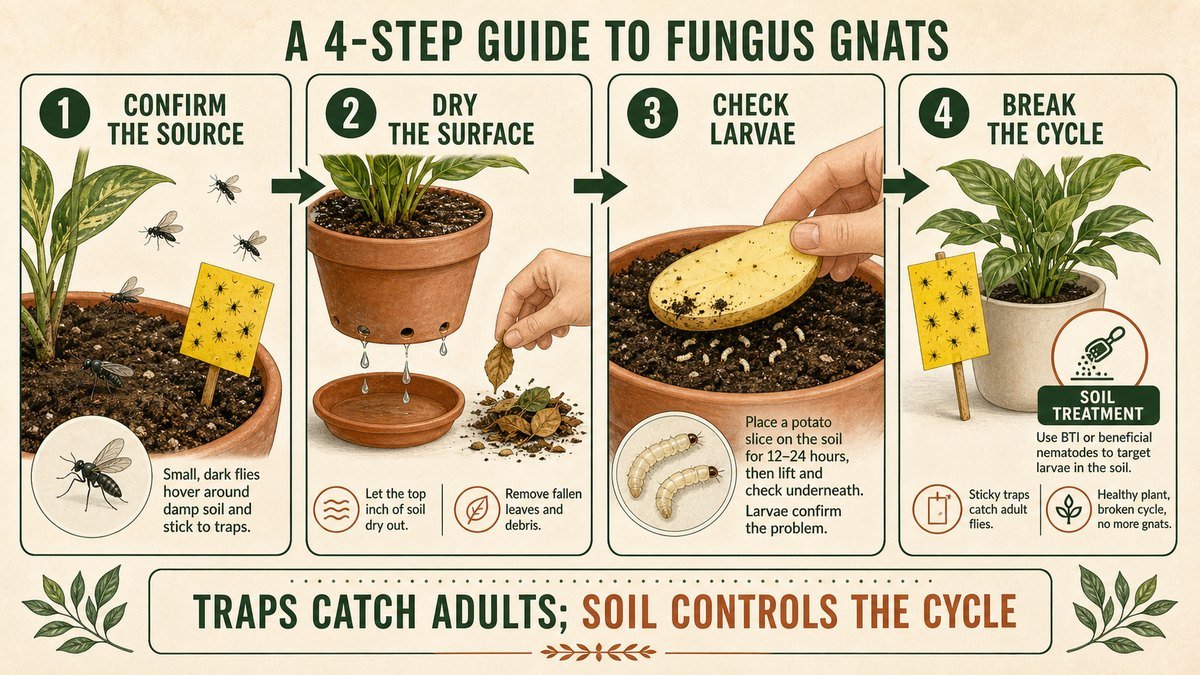 Four illustrated fungus gnat control steps: confirm adults near damp soil, dry the surface and remove debris, check larvae with a potato slice, then combine traps and labeled soil treatment