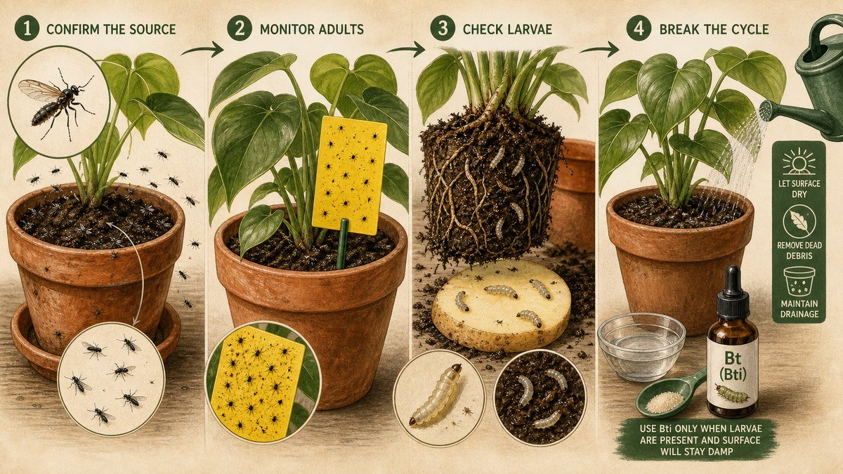 Visual guide showing fungus gnat control: identify adults around damp soil, monitor them with a yellow sticky trap, check the root zone for larvae, then let the surface dry and maintain drainage