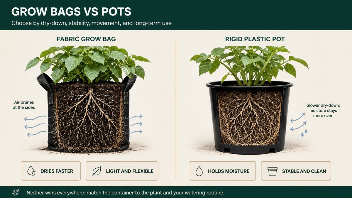 Original visual comparison showing a plant in a fabric grow bag with faster dry-down and easy movement beside a plant in a rigid plastic pot with steadier moisture and support