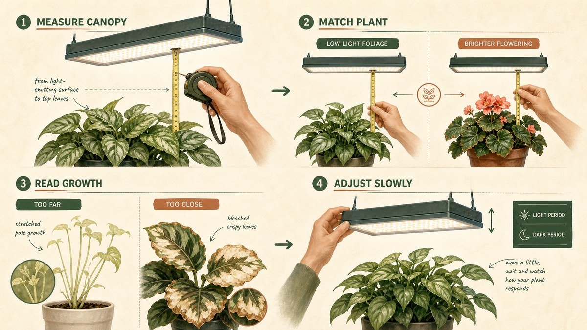 Grow-light distance actions: measure from the fixture to the canopy, match the plant's light need, read stretched or bleached growth, and adjust the fixture slowly with a dark period