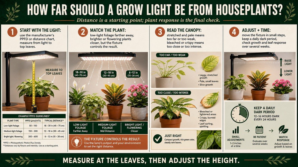 Illustrated four-step grow-light distance visual showing a tape measurement, plant-specific starting ranges, canopy symptoms, and small height adjustments