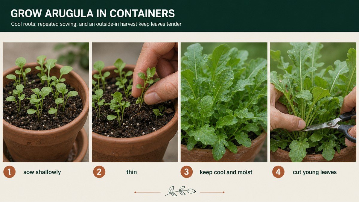 Original plant-action diagram showing an arugula pot, repeat sowing, heat shade, watering, and outside-leaf harvest