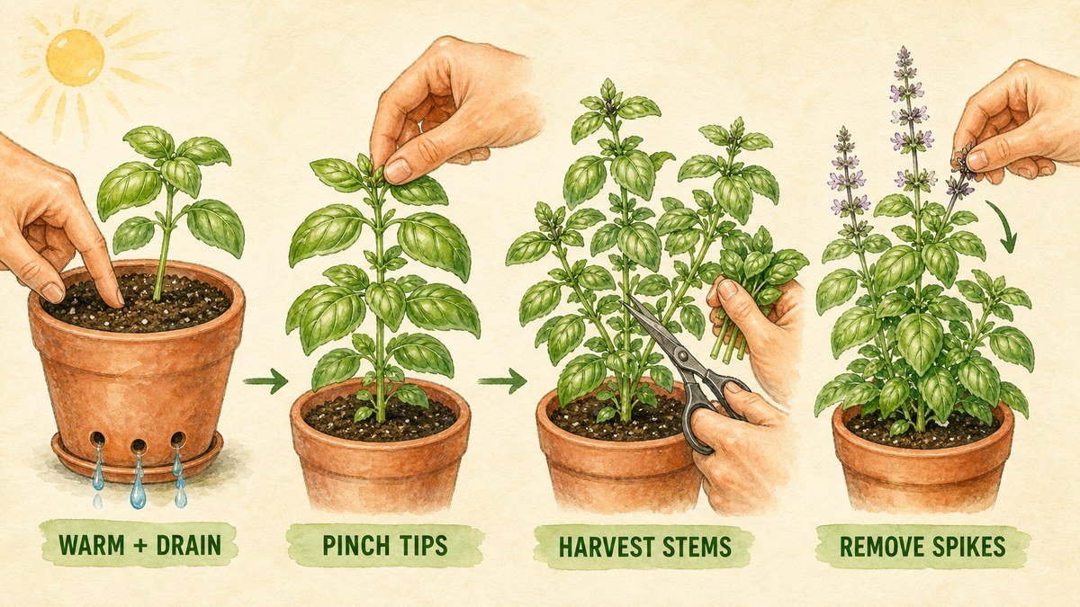 Plant-action visual showing basil roots in a draining pot, pinching the growing tip, harvesting branching stems, and removing flower spikes