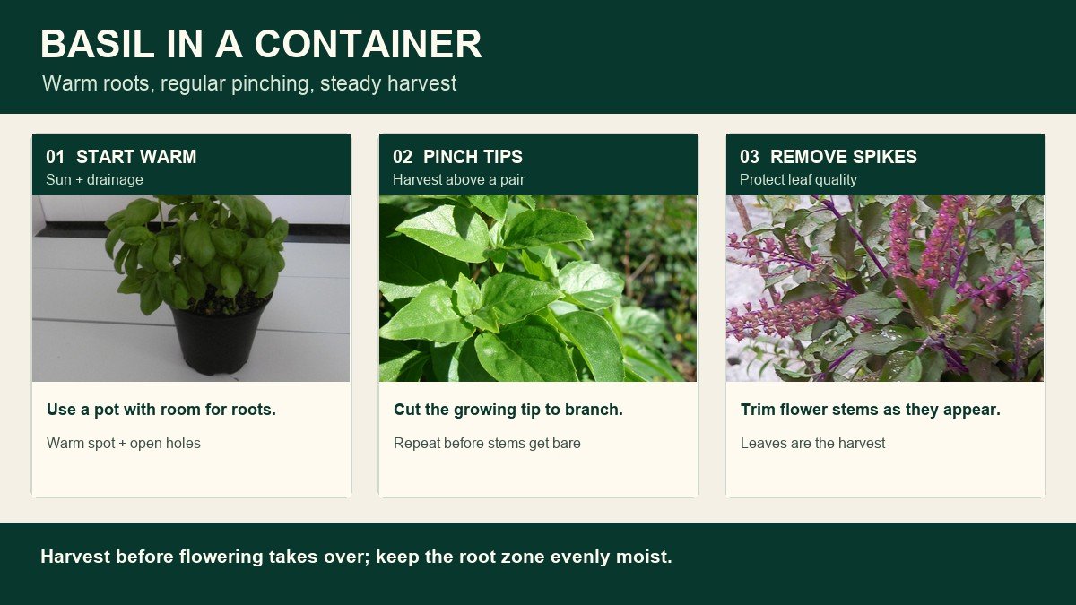 Three real basil photographs showing a potted plant, leaf growth ready for pinching, and basil flower spikes to remove for leaf harvest
