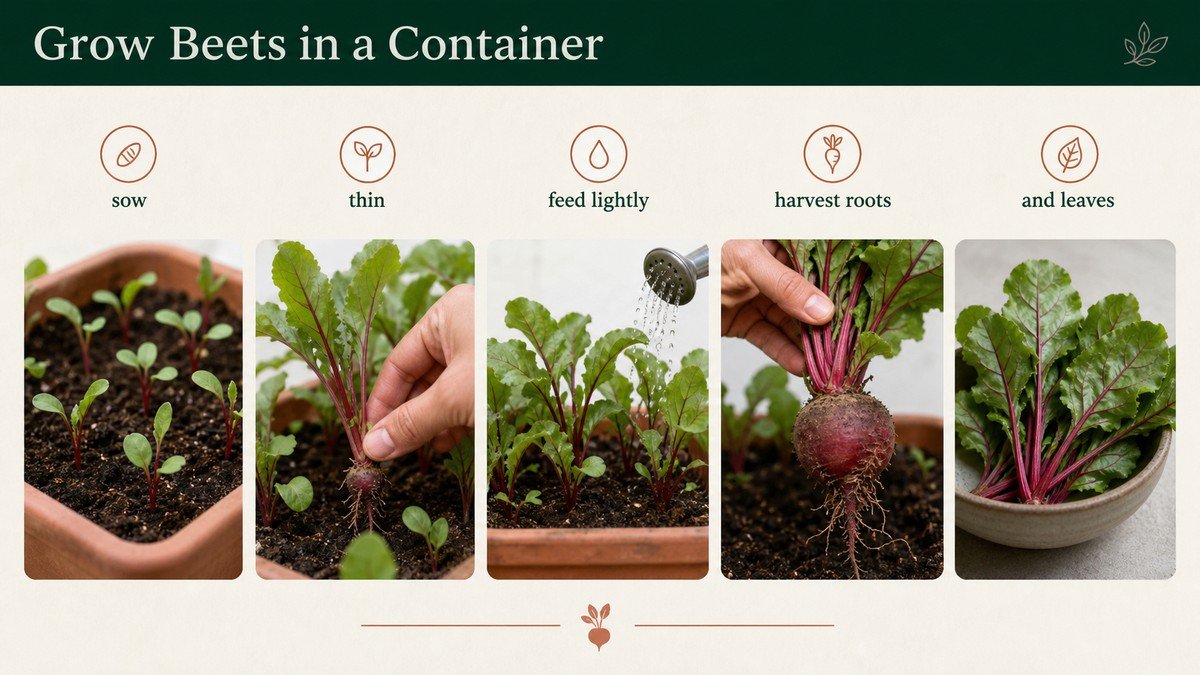 Original plant-action diagram showing beet container depth, beet seed clusters, thinning, watering, and harvest