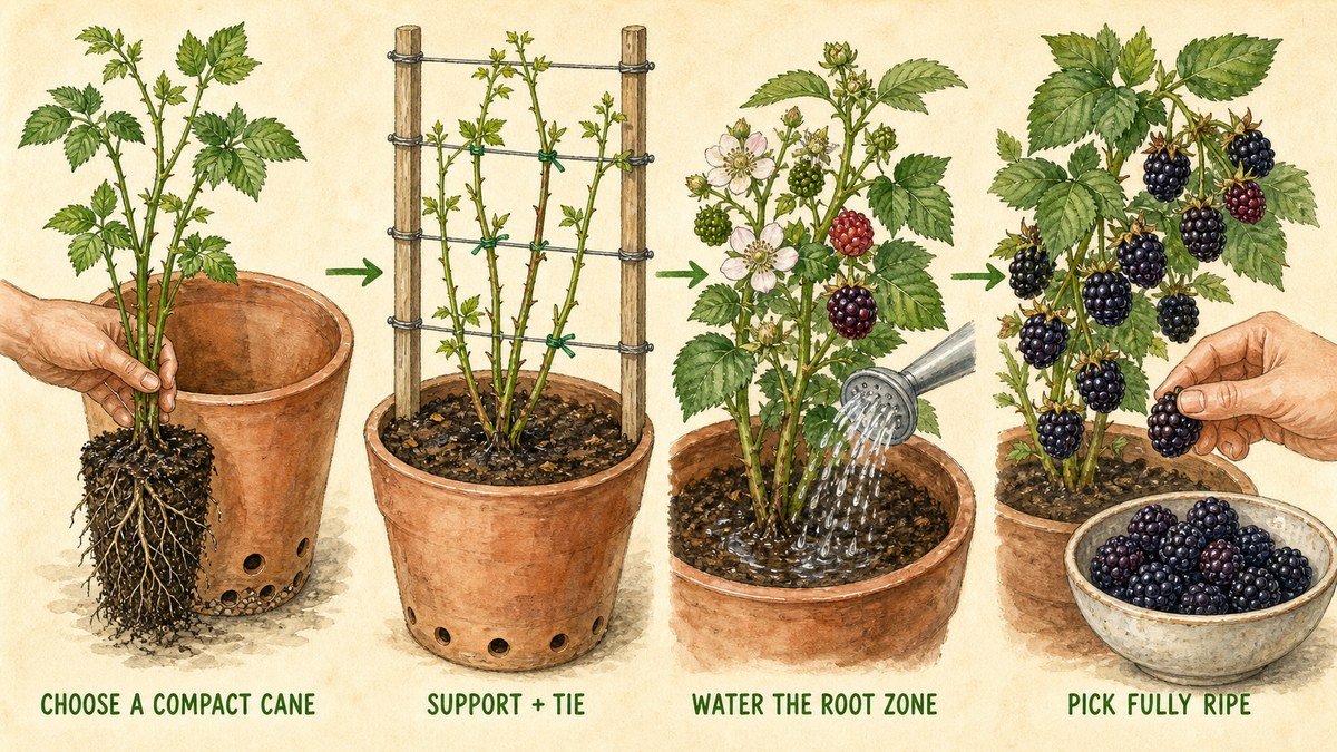 Plant-action visual showing a compact blackberry cane planted in a draining pot, tied to a trellis, watered at the root zone, and picked when fully ripe
