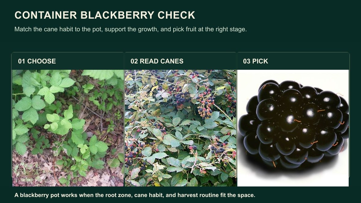 Real blackberry leaves and canes, a fruiting bush, and ripe blackberry shown as three container-growing decisions