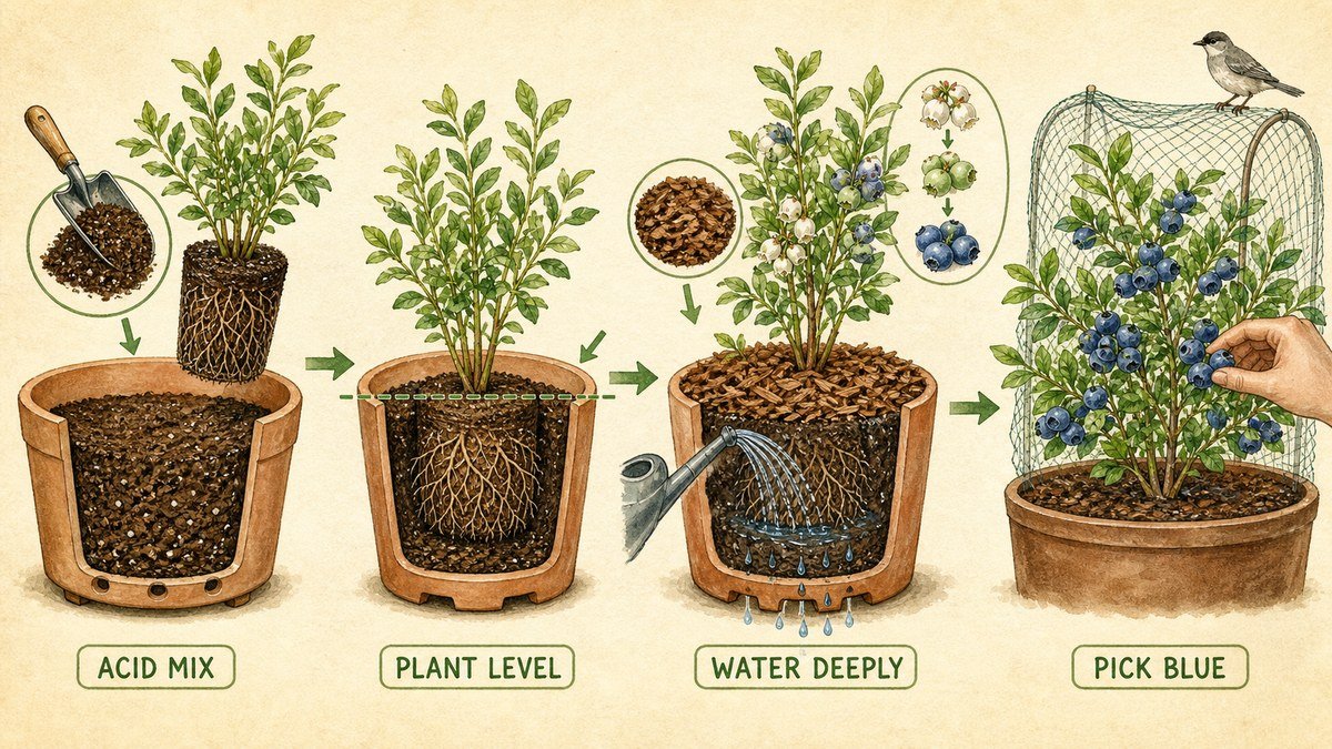 Plant-action visual showing blueberry shrub roots in acidic container mix, planting level and mulch, deep root-zone watering, and hand-picking blue berries under bird netting
