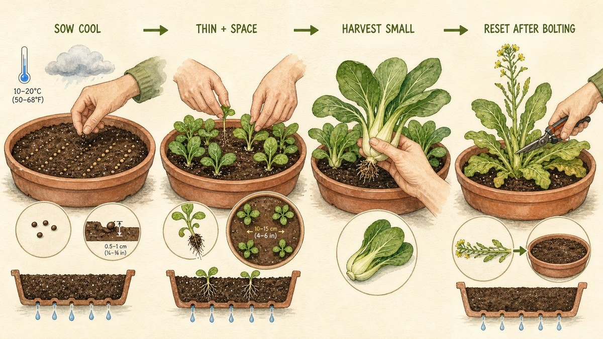 Plant-action visual showing bok choy seeds sown in a draining pot, seedlings thinned for spacing, a baby plant harvested, and a flowering stalk removed before resetting the pot