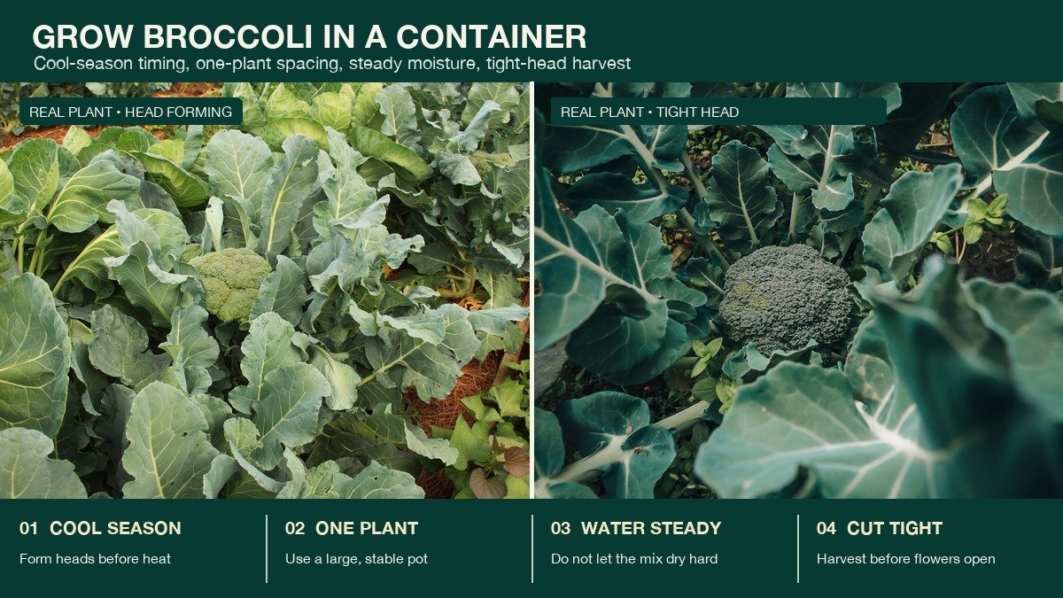 Real broccoli plants showing a forming head, one-plant container planning, steady moisture, and a tight head ready to cut