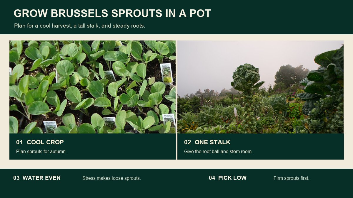 Real Brussels sprout seedlings and mature stalk showing cool timing, root room, steady water, and bottom-up harvest