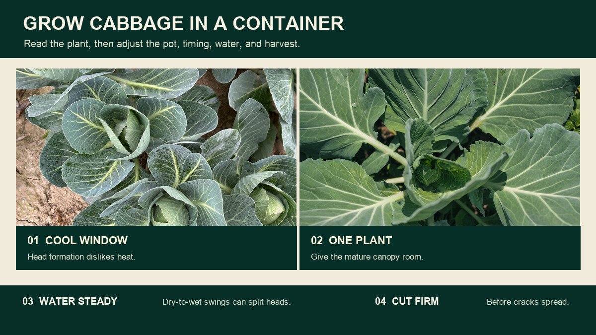 Real cabbage plants showing cool-season head formation, mature canopy room, steady moisture, and a firm harvest stage