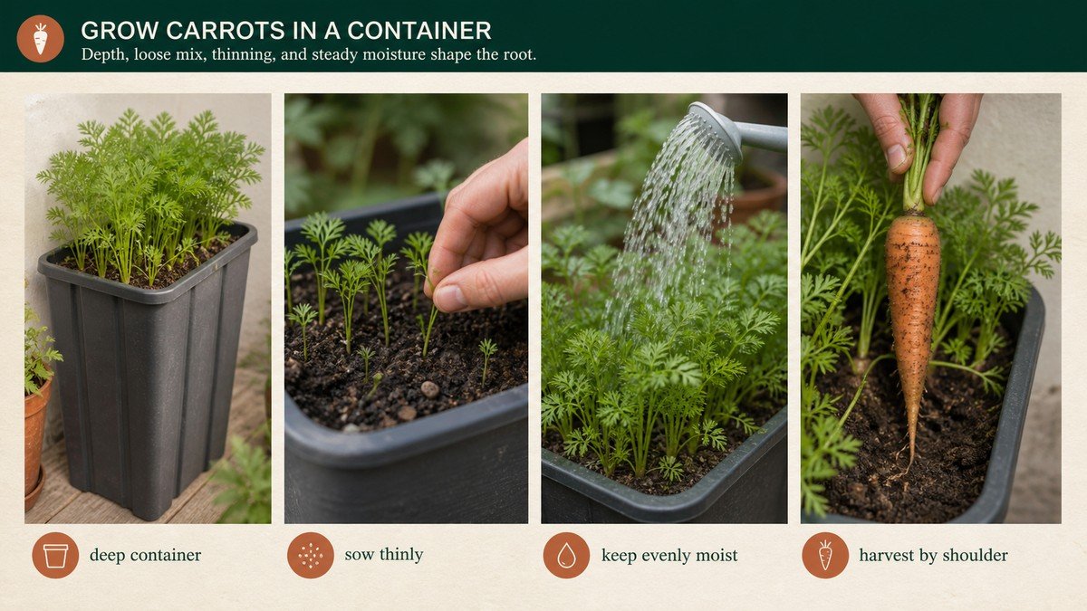 Original plant-action diagram showing carrot container depth, direct sowing, thinning, watering, and harvest