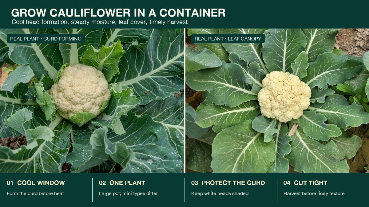 Real cauliflower plants showing a forming curd, broad leaf canopy, protection from strong sun, and a tight harvest stage