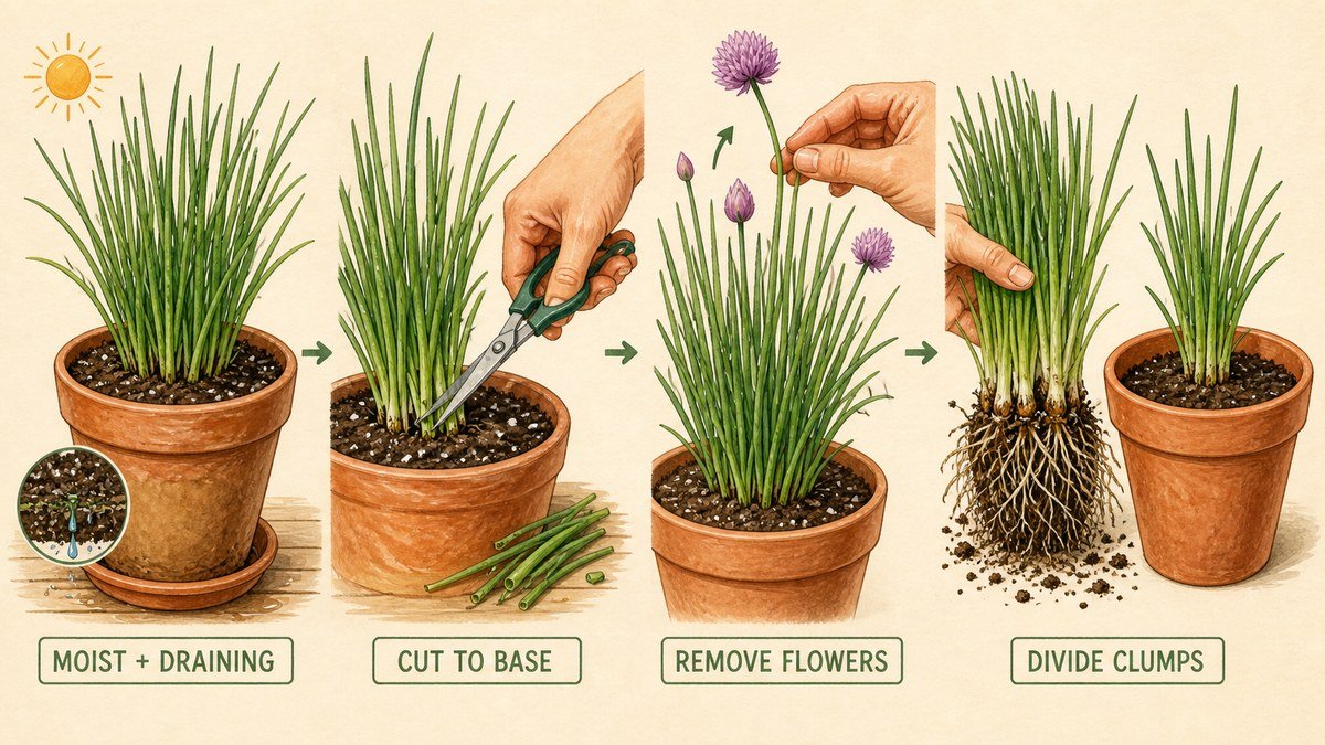 Illustrated chive container routine showing moist draining soil, cutting leaves to the base, removing flowers, and dividing clumps