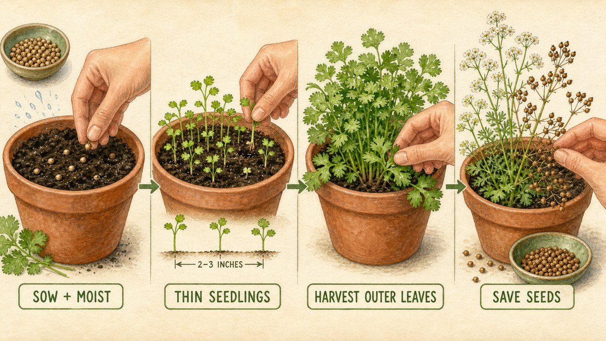 Illustrated cilantro container routine showing sowing, thinning seedlings, harvesting outer leaves, and saving seeds