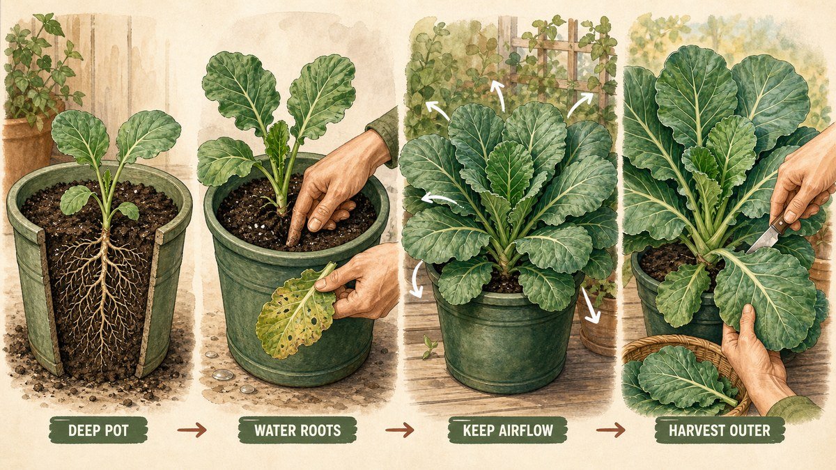 Illustrated collard greens container routine showing a deep pot, watering roots, keeping airflow, and harvesting outer leaves