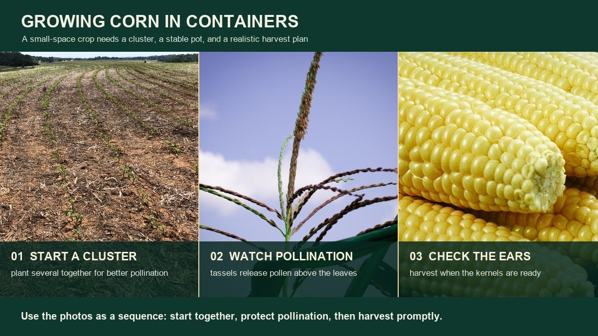 Real corn photos showing a seedling cluster, pollen-producing tassels, and harvested ears