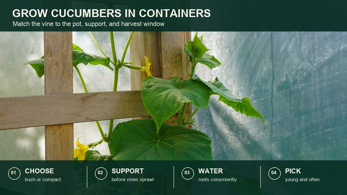 Real cucumber vine climbing a wooden trellis with four short action labels for choosing, supporting, watering, and picking
