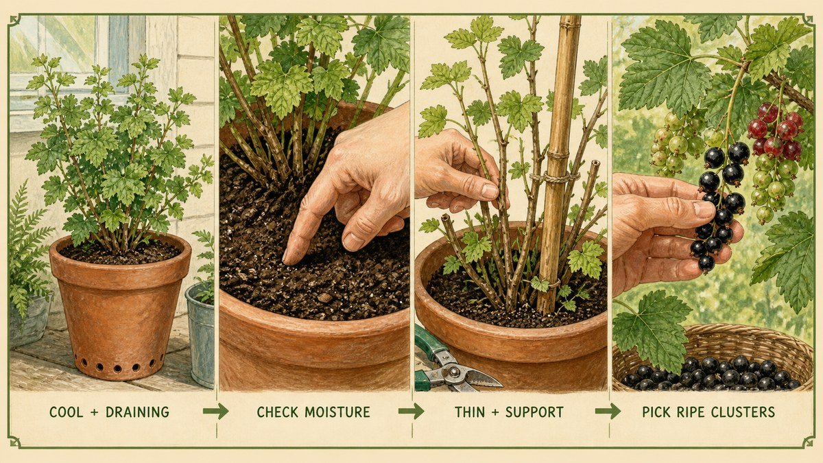 Illustrated currant container routine showing cool drainage, checking moisture, thinning and supporting stems, and picking ripe clusters