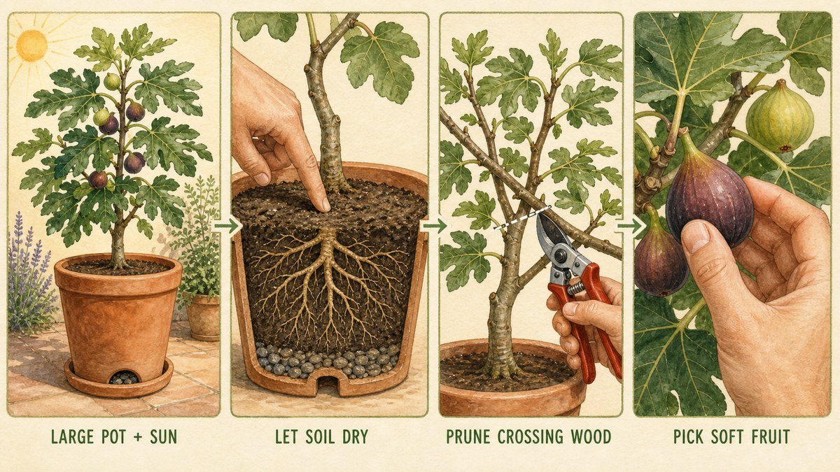 Illustrated fig container routine showing a large sunny pot, letting soil dry, pruning crossing wood, and picking soft fruit
