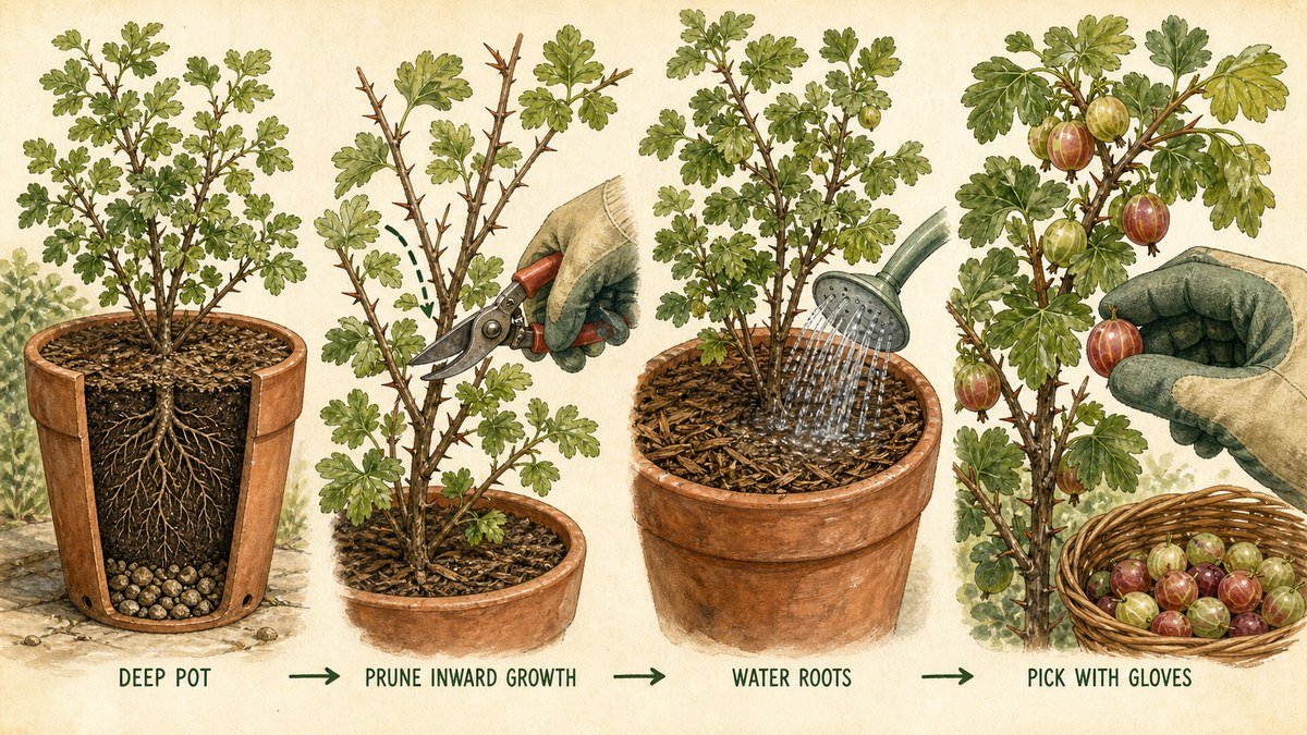 Illustrated gooseberry container routine showing a deep pot, pruning inward growth, watering roots, and picking with gloves