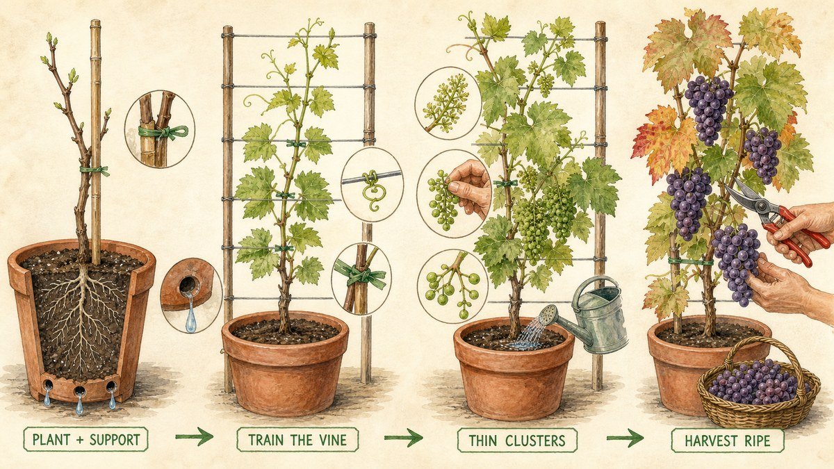 Plant-action visual showing a grapevine planted and supported in a pot, young shoots tied to a trellis, fruit clusters thinned, and ripe grapes harvested