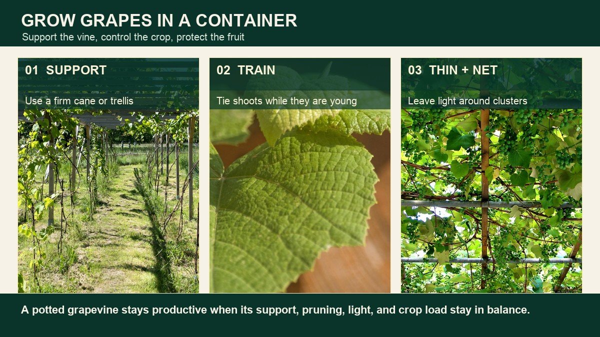 Three real grapevine photographs showing trellis support, a grape leaf and vine, and fruit clusters under a pergola
