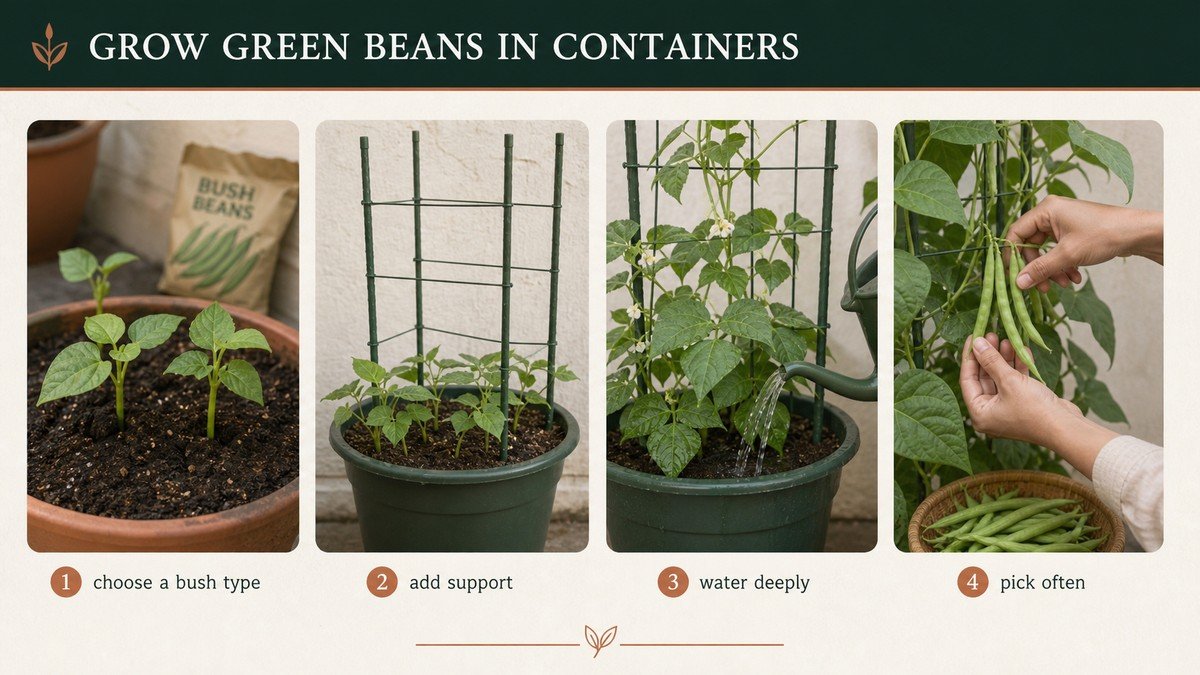 Original plant-action diagram showing bush and pole bean choices, warm sowing, root watering, and tender pod harvest