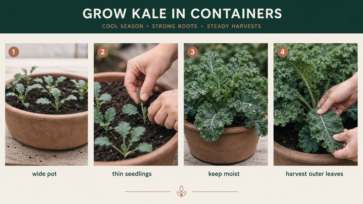 Original plant-action diagram showing kale container size, cool-season placement, pest inspection, and lower-leaf harvest