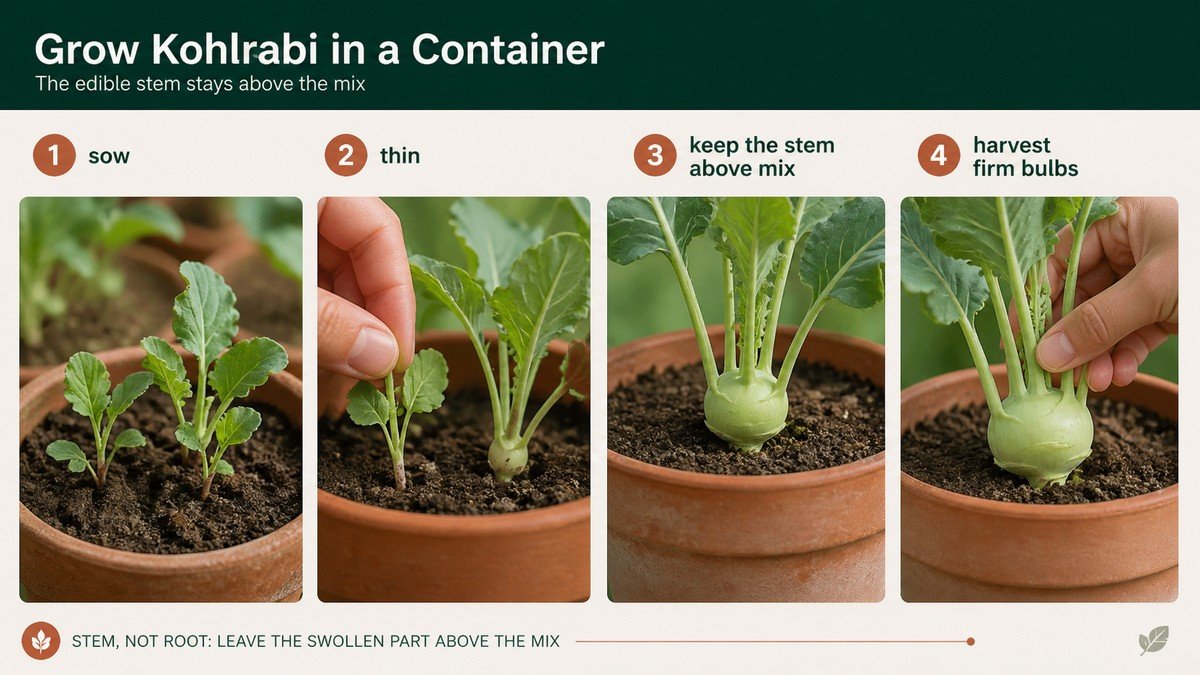 Original plant-action diagram showing kohlrabi stem position, spacing, watering, and harvest in a container