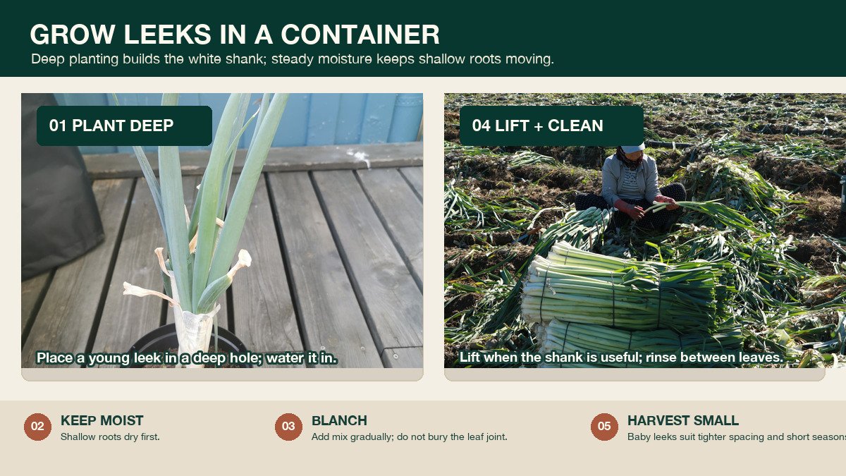 Real leek plants in a pot and real harvested leeks showing deep planting, steady moisture, gradual blanching, and lifting the shank