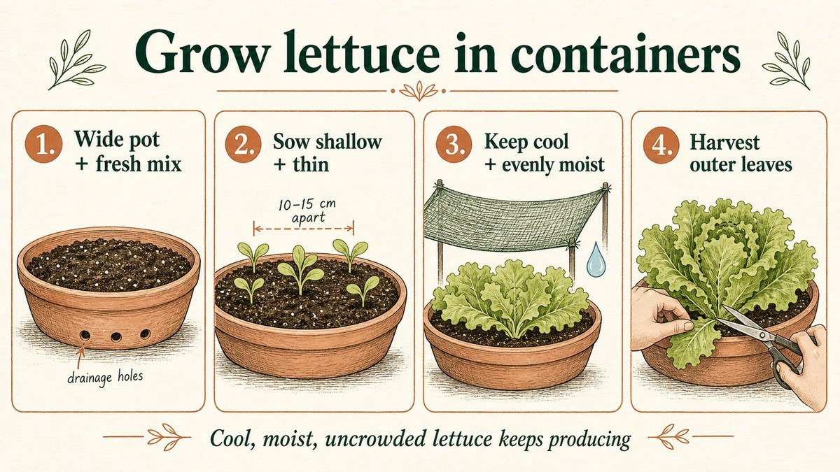 Four-step lettuce container guide: use a wide pot with fresh mix, sow shallowly and thin seedlings, keep the crop cool and evenly moist, then harvest outer leaves