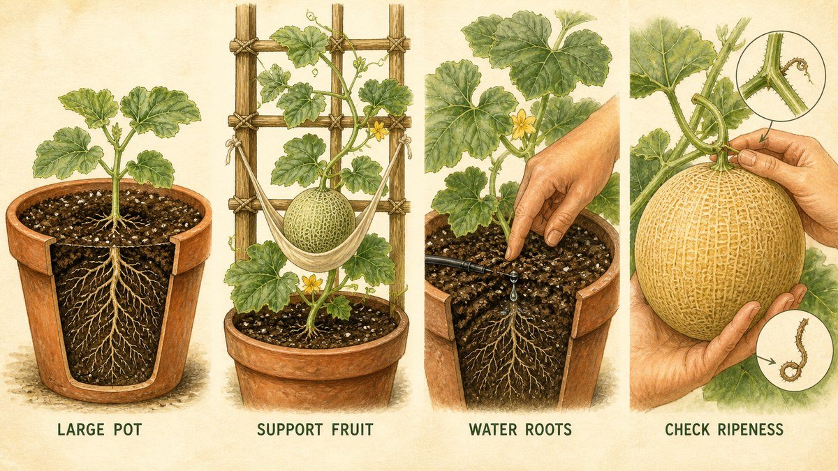 Illustrated melon container routine showing a large pot, supporting fruit, watering roots, and checking ripeness