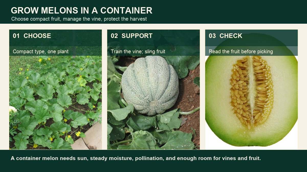 Three real melon photographs showing a flowering vine, a ripe muskmelon on the plant, and a cut melon with seeds