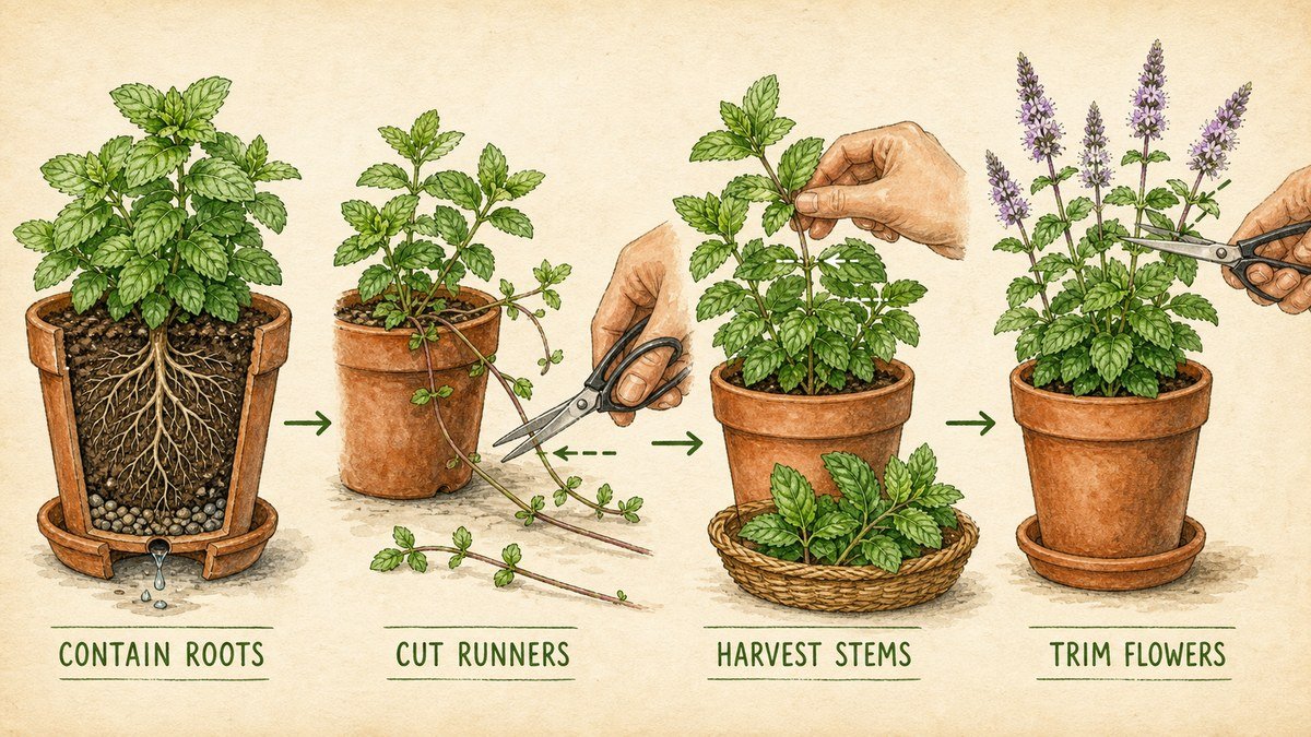 Plant-action visual showing mint roots contained in a draining pot, runners cut back, leafy stems harvested, and flower spikes trimmed