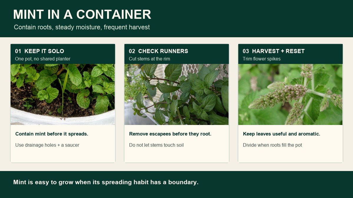 Three real mint photographs showing a contained pot, spreading stems, and mint flower spikes to trim
